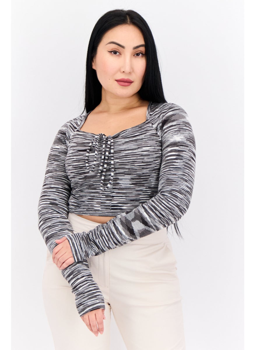 LOST INK Women Tie Neck Long Sleeve Space Dye Crop Top, Grey  - Image 1