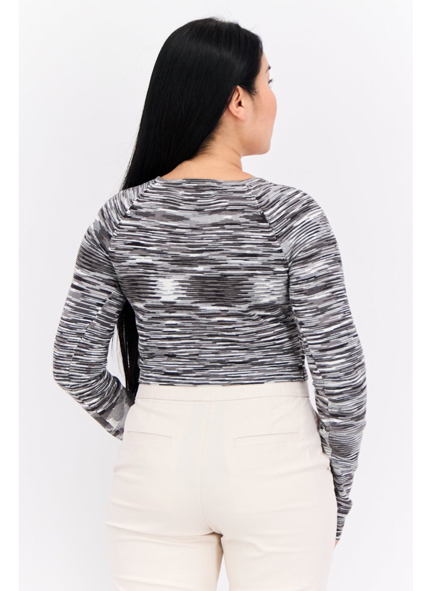 LOST INK Women Tie Neck Long Sleeve Space Dye Crop Top, Grey  - Image 3