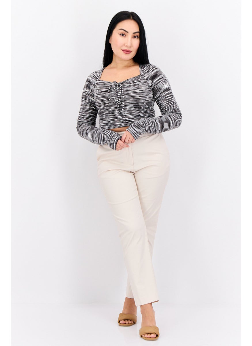 LOST INK Women Tie Neck Long Sleeve Space Dye Crop Top, Grey  - Image 4