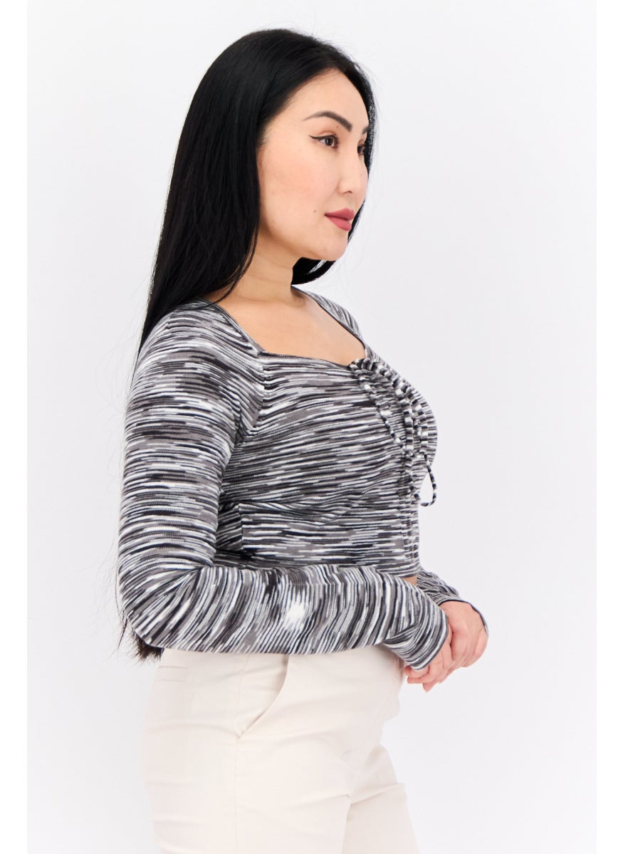 LOST INK Women Tie Neck Long Sleeve Space Dye Crop Top, Grey  - Image 2