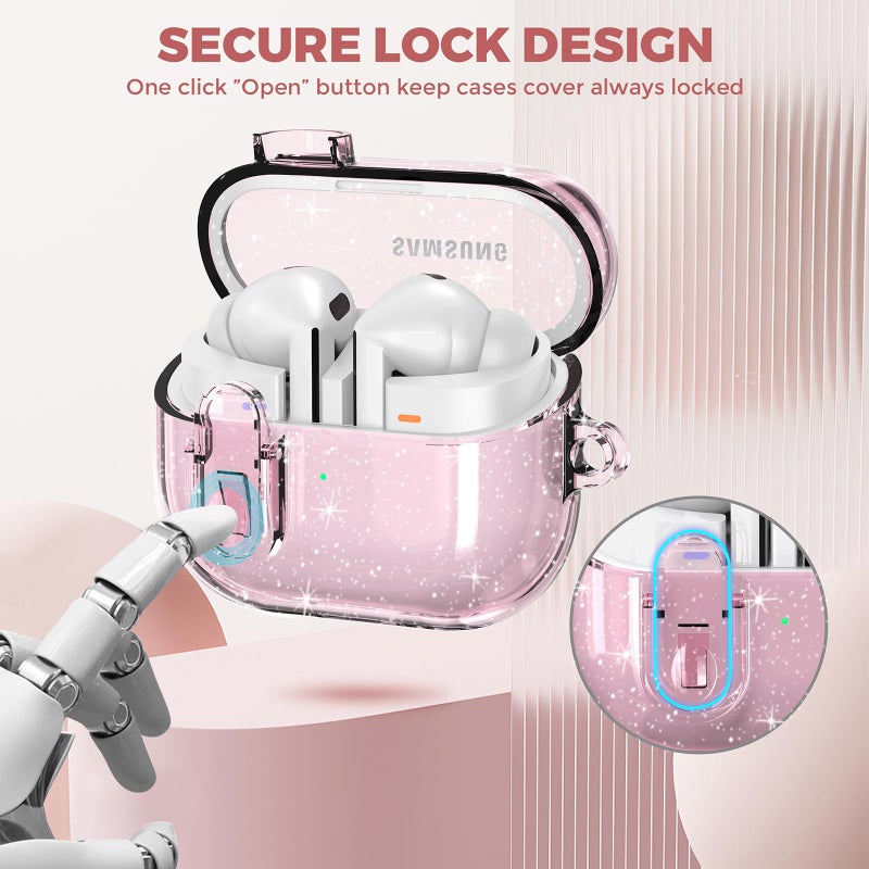 OTOPO Compatible with Samsung Galaxy Bud 3 Pro Case/Buds3/Buds 3 FE Case Clear Lock Clip with Cleaner Kit, Transparent TPU Galaxy Buds Pro 3 Protective Cover Men Women with Carabiner, Glitter Pink - Image 4