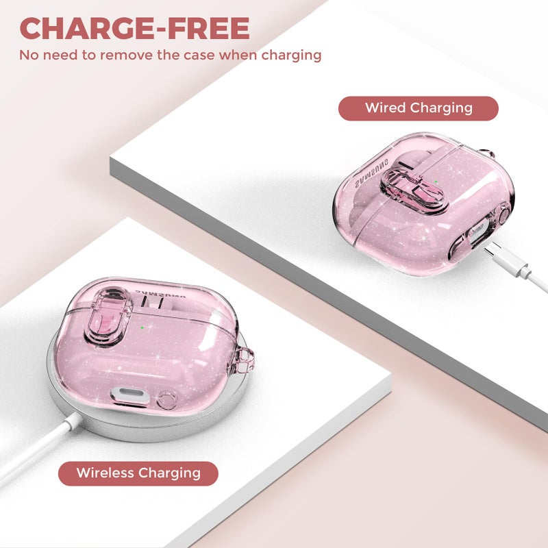 OTOPO Compatible with Samsung Galaxy Bud 3 Pro Case/Buds3/Buds 3 FE Case Clear Lock Clip with Cleaner Kit, Transparent TPU Galaxy Buds Pro 3 Protective Cover Men Women with Carabiner, Glitter Pink - Image 3