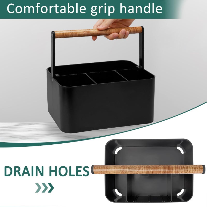 Byuner Portable Shower Caddy Dorm: منظم Caddy الحمام مع مقبض ومقاطعات قابلة للتعديل سلة دش بلاستيكية لمكياج أدوات الزينة المحمولة لتخزين الدش لتنظيف الكلية Caddy Black - Image 3