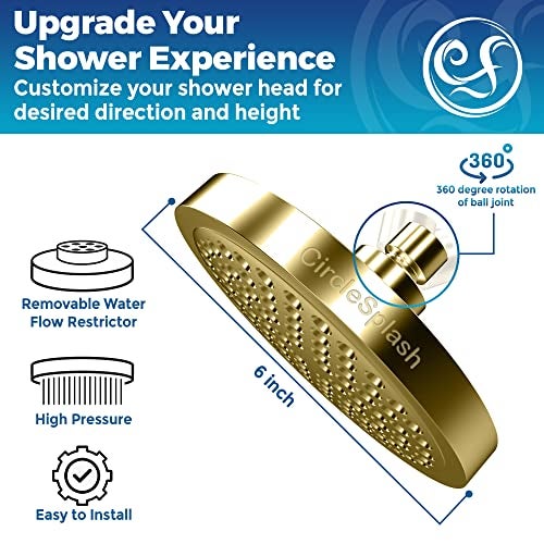 CircleSplash High Pressure Shower Head - Anti-Clogging Silicone Nozzles - 2.5 GPM Removable Restrictor - Easy to Clean Adjustable Replacement - easy to install with Plumbers Tape - 6 inch - Elegant Gold Finish - Image 4