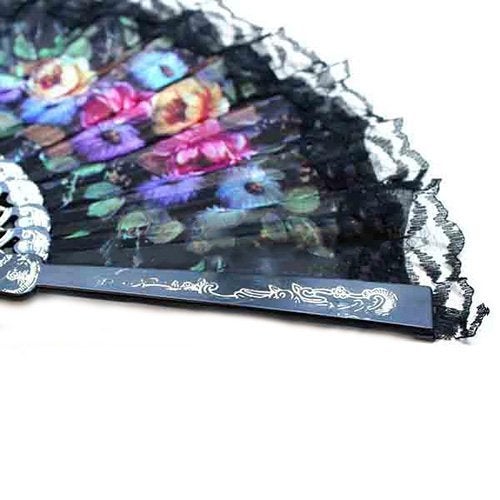 Garden Of Arts Garden Of Arts Colored Embroidered Flower Pattern Black Silk Cloth Folding Hand Fan for Woman  - Image 2