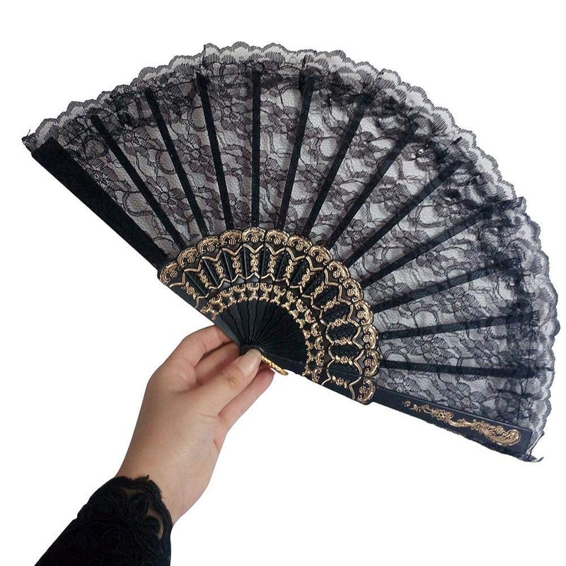Garden Of Arts Garden Of Arts Colored Embroidered Flower Pattern Black Silk Cloth Folding Hand Fan for Woman  - Image 4