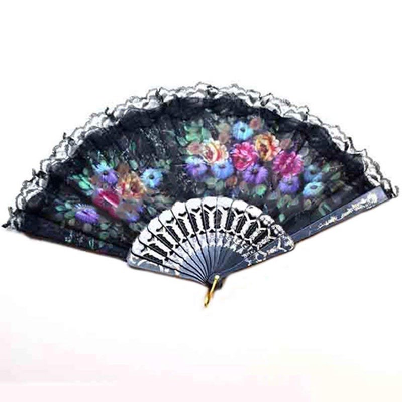 Garden Of Arts Garden Of Arts Colored Embroidered Flower Pattern Black Silk Cloth Folding Hand Fan for Woman  - Image 1