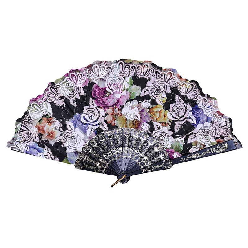 Garden Of Arts Garden Of Arts Colored Embroidered Flower Pattern Black Silk Cloth Folding Hand Fan for Woman  - Image 5