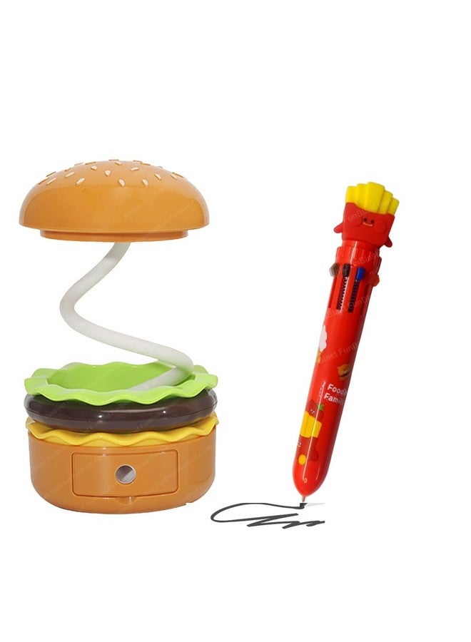 فنبلاست مصباح طاولة فن بلاست وقلم تلوين - مزيج من مصباح مكتبي على شكل برجر و10 أقلام تلوين للوجبات السريعة للأطفال والكبار، مصباح مكتبي قابل لإعادة الشحن مع مبراة، هدية عيد ميلاد للأطفال، هدايا إرجاع للأطفال - Image 1