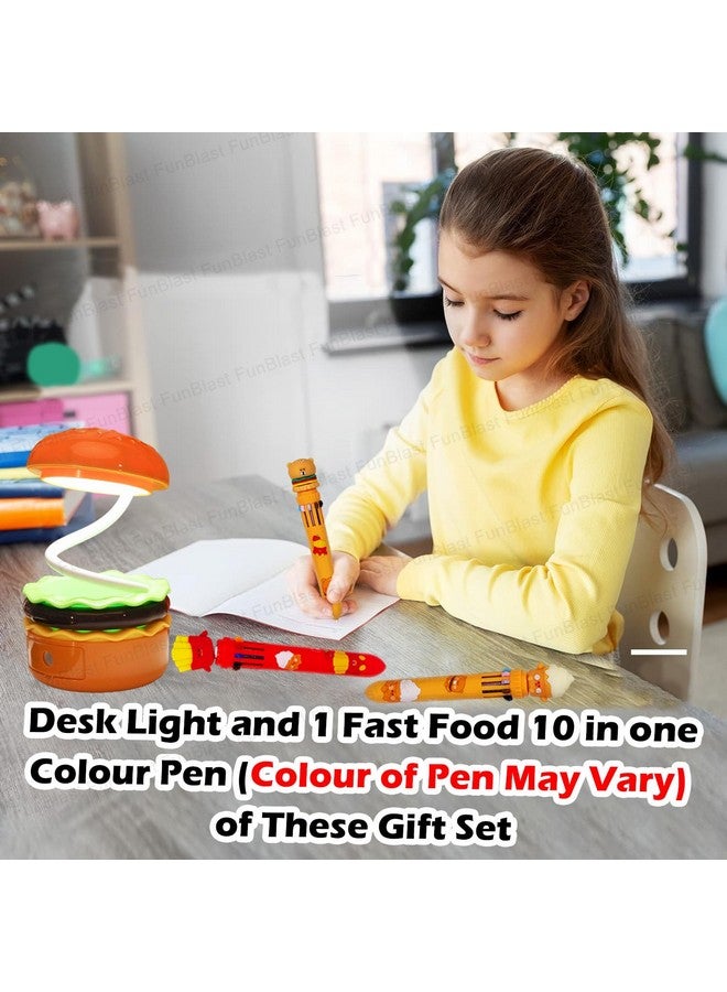فنبلاست مصباح طاولة فن بلاست وقلم تلوين - مزيج من مصباح مكتبي على شكل برجر و10 أقلام تلوين للوجبات السريعة للأطفال والكبار، مصباح مكتبي قابل لإعادة الشحن مع مبراة، هدية عيد ميلاد للأطفال، هدايا إرجاع للأطفال - Image 3