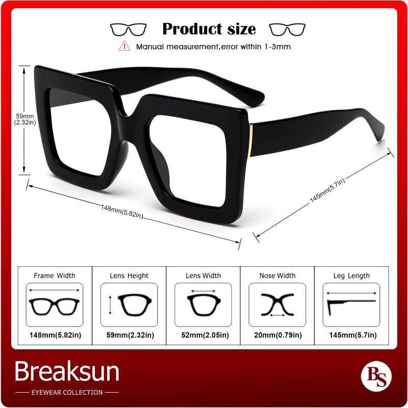 Breaksun نظارات بريكسون oversized لحجب الضوء الأزرق للنساء، تصميم مربع سميك، نظارات كمبيوتر غير طبية (أسود) - Image 5