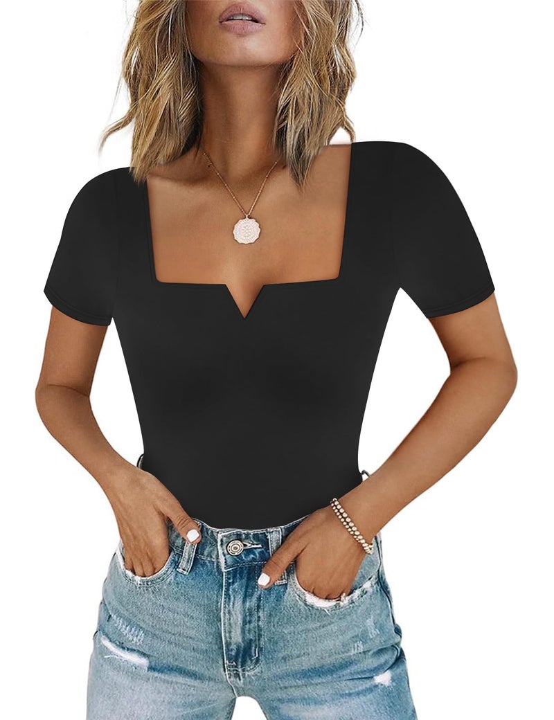 Chunpin Women's Short Sleeve Bodysuit Square Neck Notch V Neck Body Suits Double Lined Going Out Outfits Thong Bodysuits Black Small - Image 1