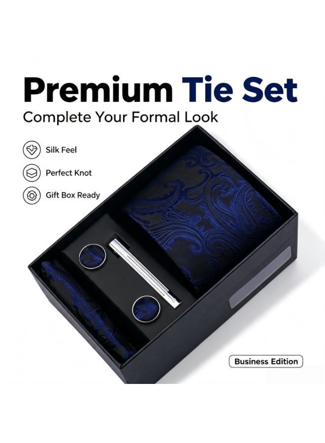 Men's 5-Piece Jacquard Woven Paisley Tie Set Silk Feel Necktie Matching Pocket Square Cufflinks Tie Clip Set with Luxury Gift Box - Royal Navy Blue Vintage Pattern Suit Accessories for Wedding Party Formal Events - Image 5