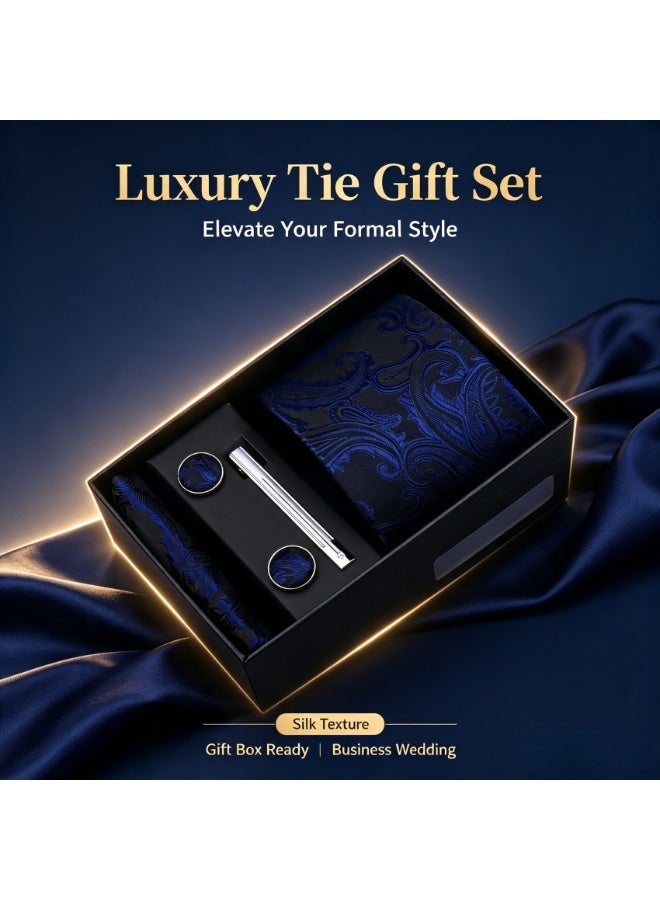 Men's 5-Piece Jacquard Woven Paisley Tie Set Silk Feel Necktie Matching Pocket Square Cufflinks Tie Clip Set with Luxury Gift Box - Royal Navy Blue Vintage Pattern Suit Accessories for Wedding Party Formal Events - Image 3