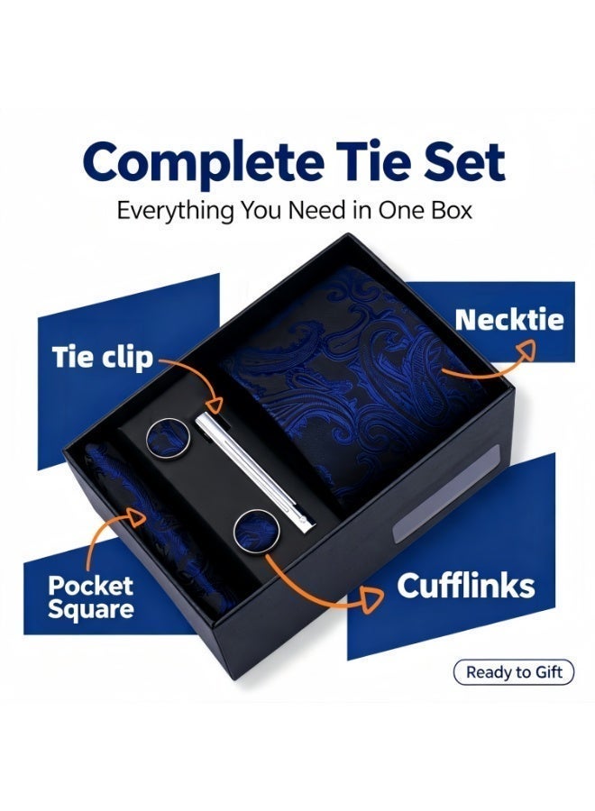 Men's 5-Piece Jacquard Woven Paisley Tie Set Silk Feel Necktie Matching Pocket Square Cufflinks Tie Clip Set with Luxury Gift Box - Royal Navy Blue Vintage Pattern Suit Accessories for Wedding Party Formal Events - Image 1