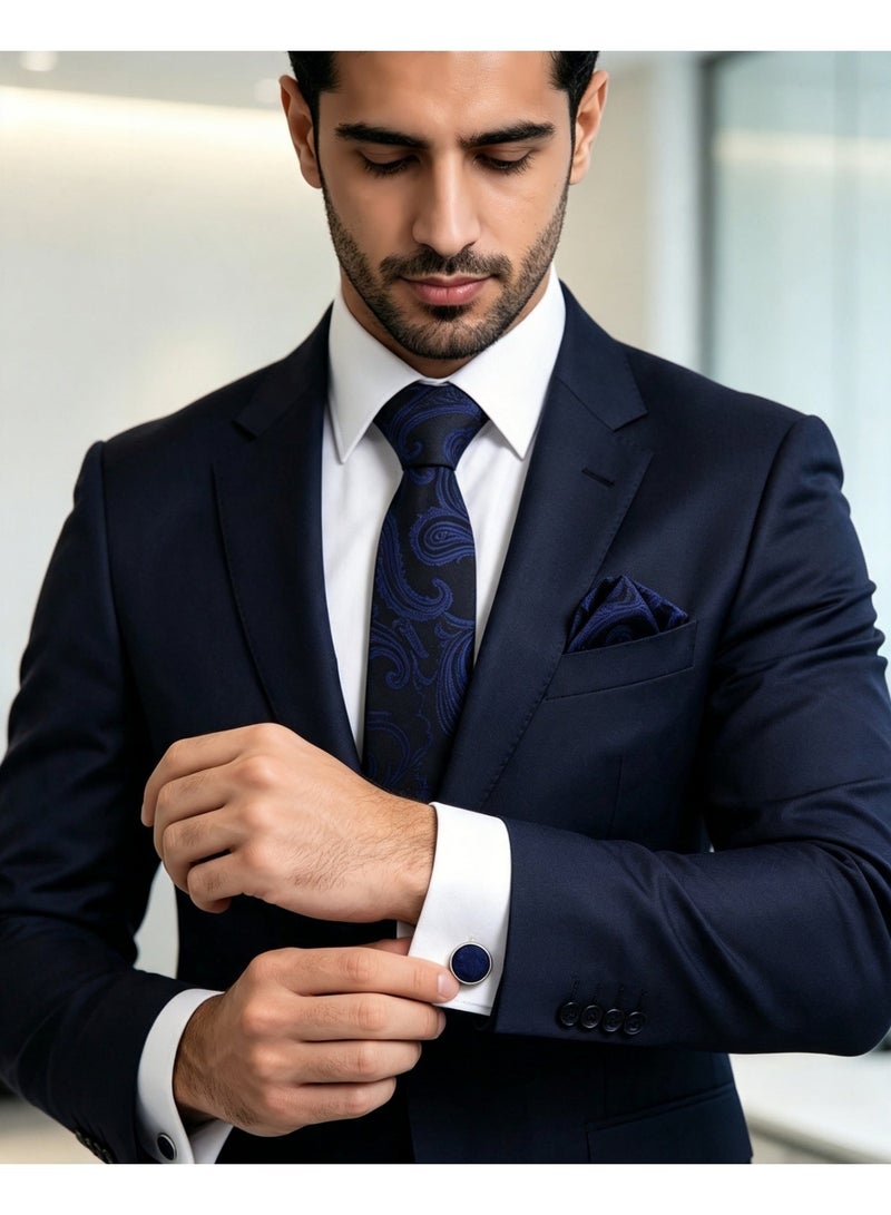 Men's 5-Piece Jacquard Woven Paisley Tie Set Silk Feel Necktie Matching Pocket Square Cufflinks Tie Clip Set with Luxury Gift Box - Royal Navy Blue Vintage Pattern Suit Accessories for Wedding Party Formal Events - Image 4