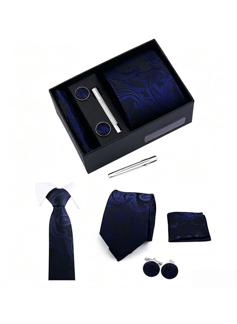 Men's 5-Piece Jacquard Woven Paisley Tie Set Silk Feel Necktie Matching Pocket Square Cufflinks Tie Clip Set with Luxury Gift Box - Royal Navy Blue Vintage Pattern Suit Accessories for Wedding Party Formal Events - Image 2