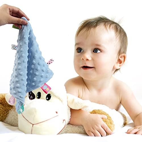 CREVENT Cozy Plush Baby Security Blanket Loveys for Baby Boys, Minky Dot Front + Sherpa Backing with Animal Face (Blue Dinosaur + Tag) - Image 5
