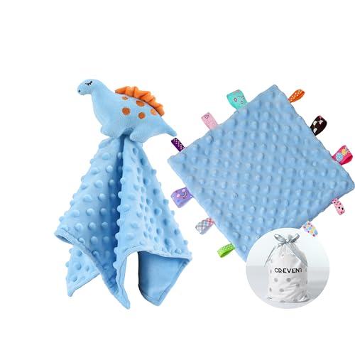 CREVENT Cozy Plush Baby Security Blanket Loveys for Baby Boys, Minky Dot Front + Sherpa Backing with Animal Face (Blue Dinosaur + Tag) - Image 1