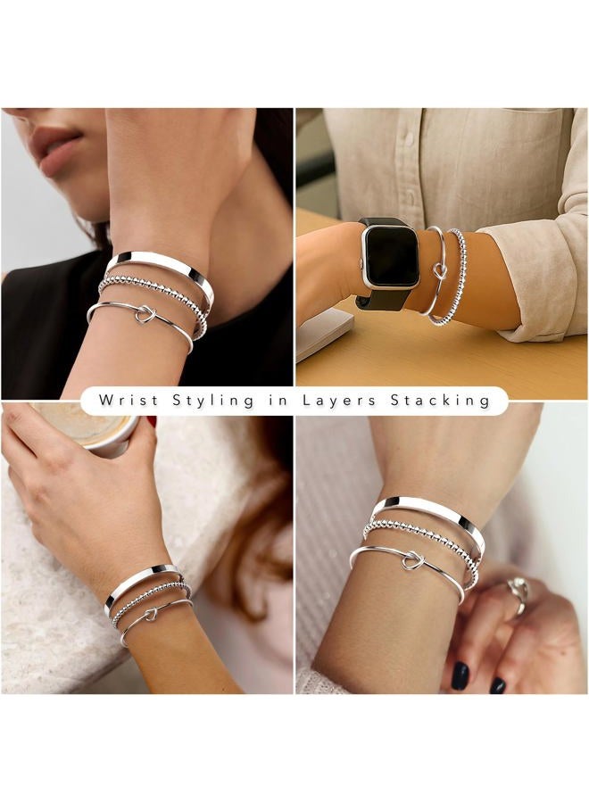 Poxtex Silver Bracelets for Women Stack, Silver or Gold Plated Cuff Bangle Set, Trendy Silver Jewelry for Women Fashion, Adjustable, Brass, no gemstone - Image 3