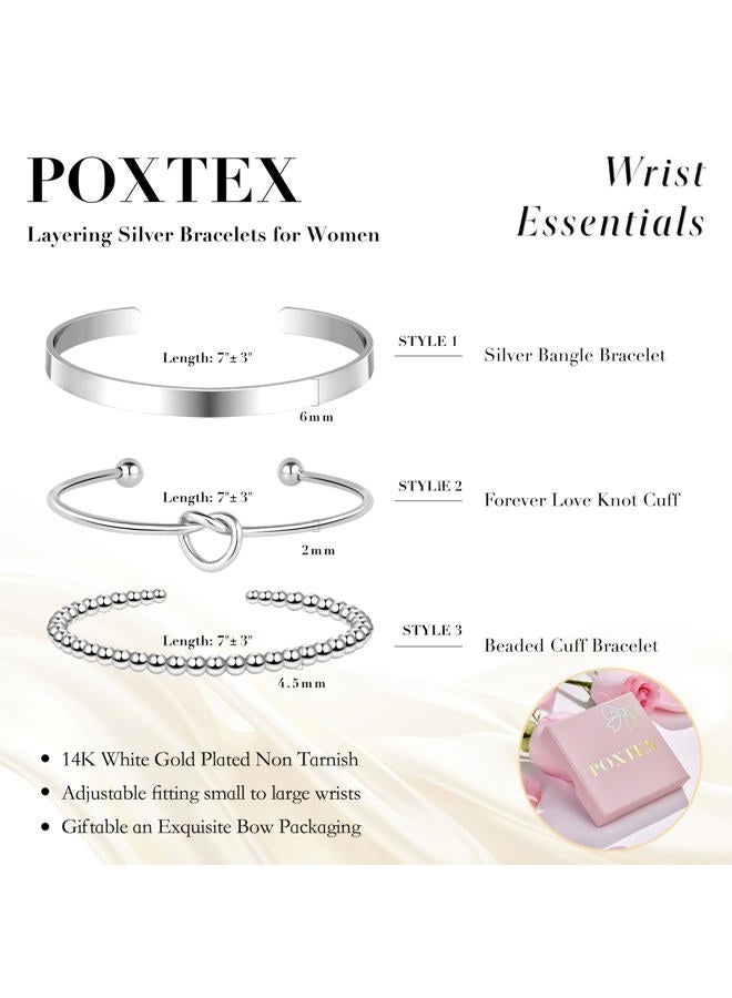 Poxtex Silver Bracelets for Women Stack, Silver or Gold Plated Cuff Bangle Set, Trendy Silver Jewelry for Women Fashion, Adjustable, Brass, no gemstone - Image 4