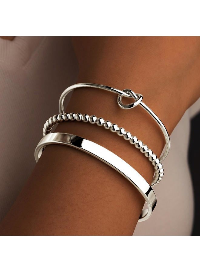 Poxtex Silver Bracelets for Women Stack, Silver or Gold Plated Cuff Bangle Set, Trendy Silver Jewelry for Women Fashion, Adjustable, Brass, no gemstone - Image 5