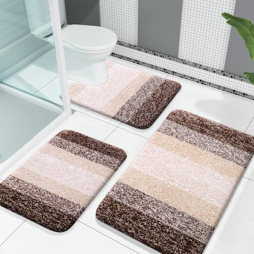 OLANLY Bathroom Rugs Sets 3 Piece, Soft Absorbent Microfiber Bath Mats and U-Shaped Contour Toilet Rug, Plush Shaggy Bath Mat Set for Bathroom (30"x20"+24"x16"+24"x20", Brown) - Image 1