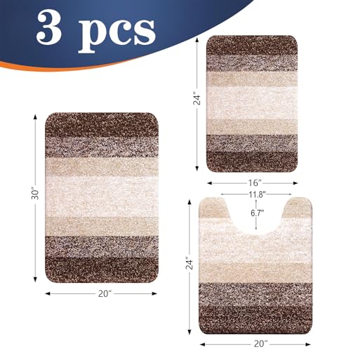 OLANLY Bathroom Rugs Sets 3 Piece, Soft Absorbent Microfiber Bath Mats and U-Shaped Contour Toilet Rug, Plush Shaggy Bath Mat Set for Bathroom (30"x20"+24"x16"+24"x20", Brown) - Image 2