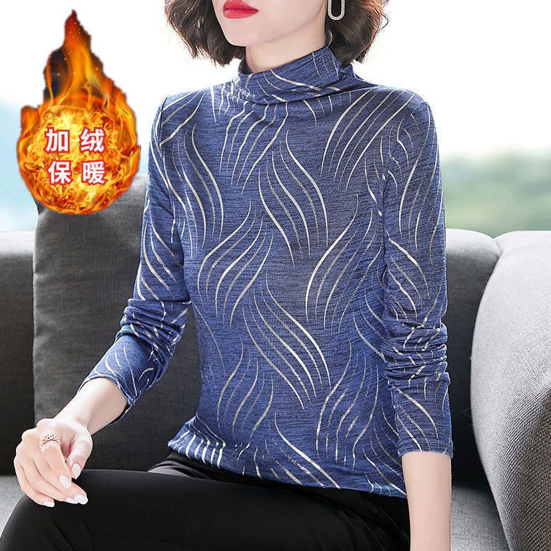 Women'S Half Turtleneck Long Sleeve T-Shirt Autumn Middle-Aged Retro Printed Slim Fit Undershirt Fashionable Slimming Western Style Top - Image 2
