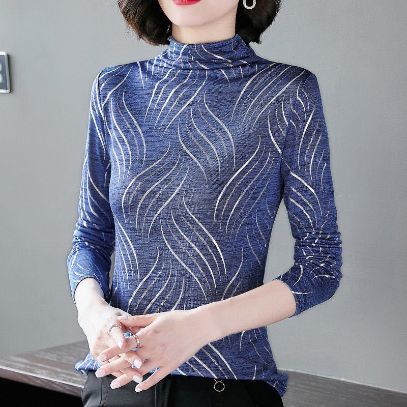 Women'S Half Turtleneck Long Sleeve T-Shirt Autumn Middle-Aged Retro Printed Slim Fit Undershirt Fashionable Slimming Western Style Top - Image 4