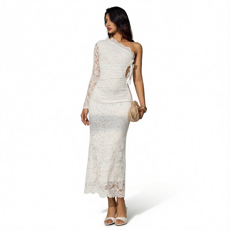 Lace Cutout Asymmetric One-Shoulder Bodycon Long Dress - Image 1