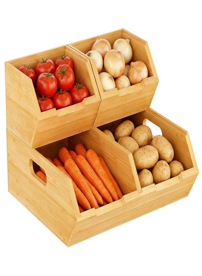 Bambition Bamboo Pantry Storage Bins, Stackable Potato and Onion Storage Bin for Kitchen Countertop, Wood Pantry Organizer Baskets for Fruit Vegetable Snack - Image 1