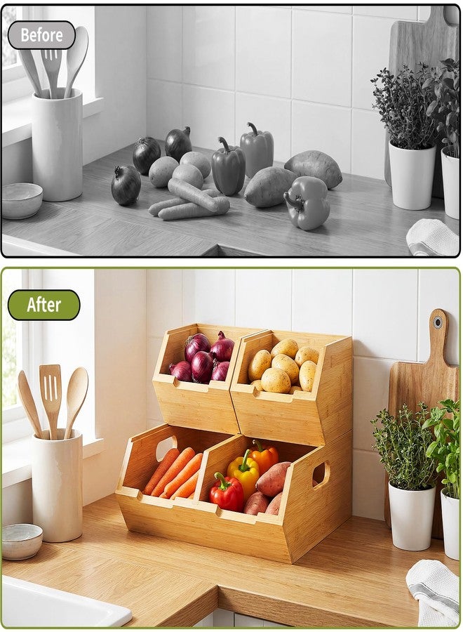 Bambition Bamboo Pantry Storage Bins, Stackable Potato and Onion Storage Bin for Kitchen Countertop, Wood Pantry Organizer Baskets for Fruit Vegetable Snack - Image 3