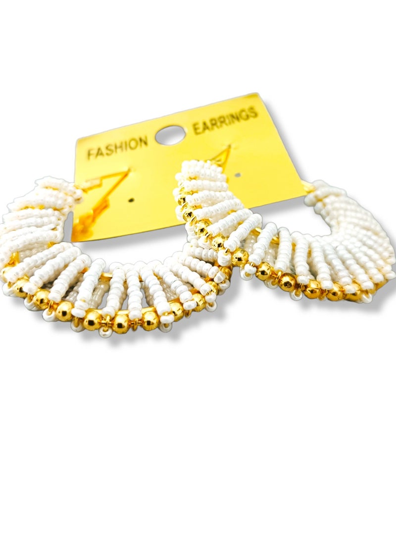 White Beads Hoop Earrings - Image 2