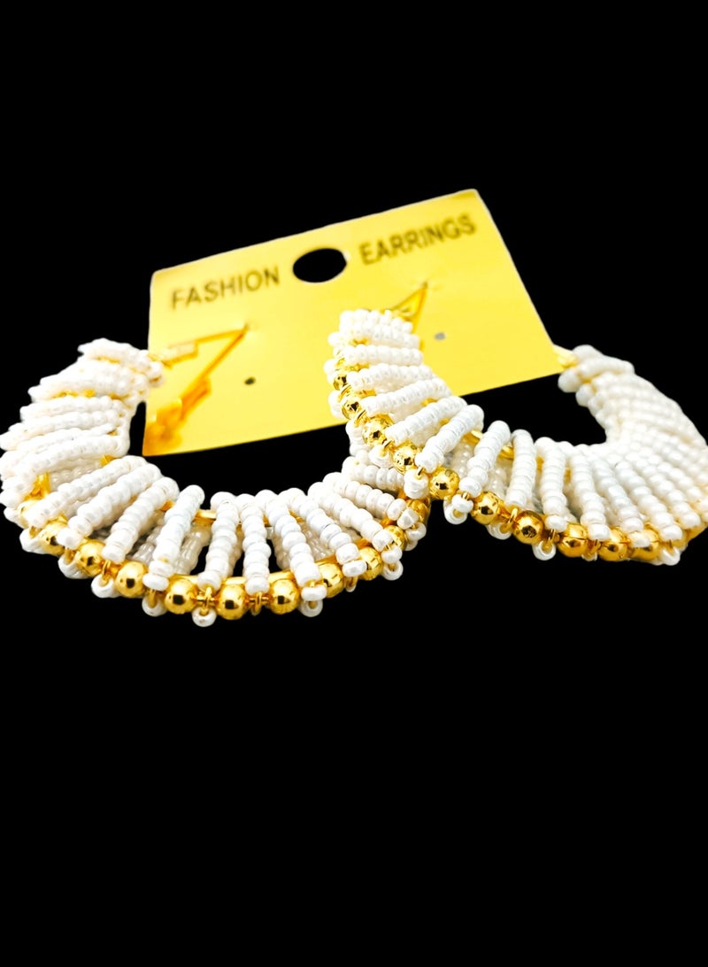 White Beads Hoop Earrings - Image 3