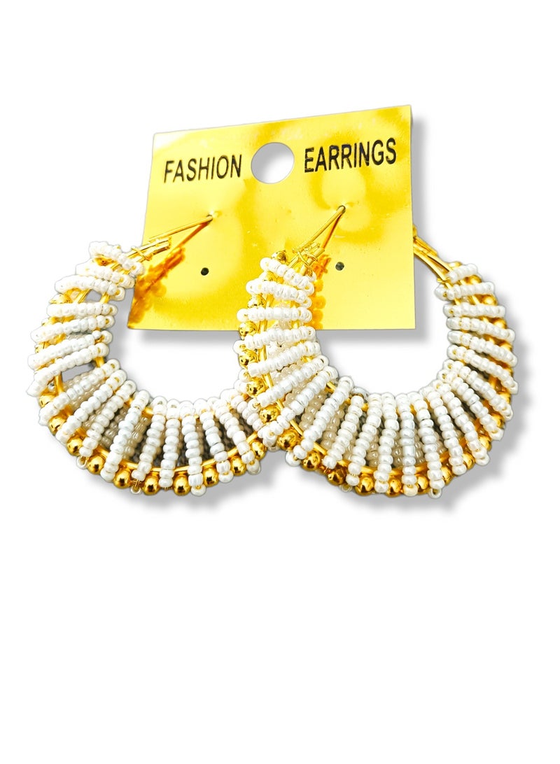 White Beads Hoop Earrings - Image 1