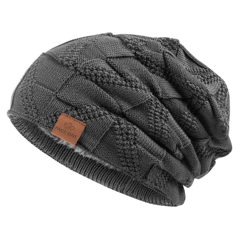 PAGE ONE Mens Winter Slouchy Beanie Warm Fleece Lined Skull Cap Baggy Cable Knit Hat - Image 1