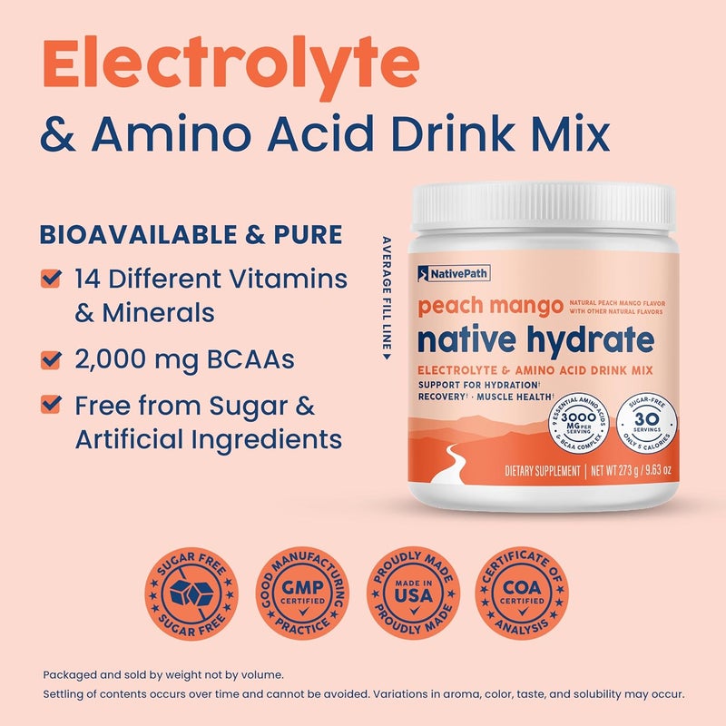 NativePath Native Hydrate Zero Sugar Electrolytes Powder with BCAAs Peach Mango Hydration Keto  Paleo Friendly 30 Servings - Image 4
