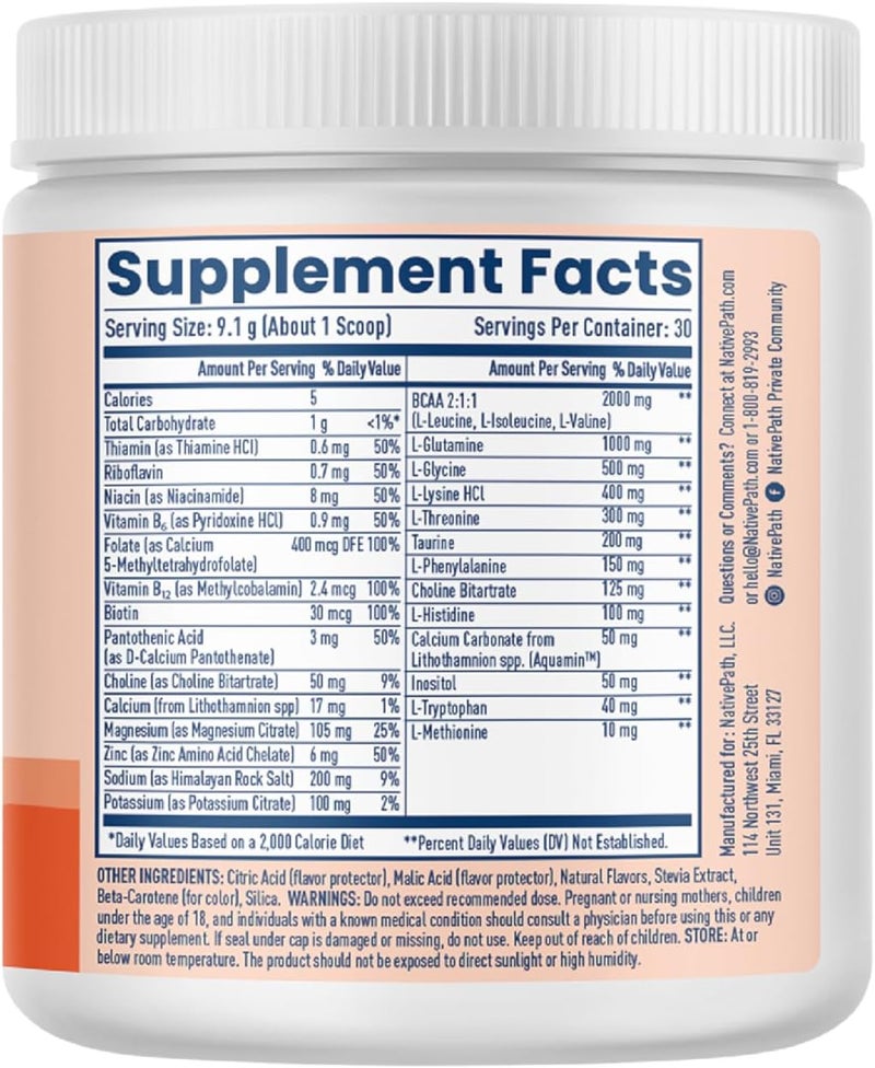 NativePath Native Hydrate Zero Sugar Electrolytes Powder with BCAAs Peach Mango Hydration Keto  Paleo Friendly 30 Servings - Image 3