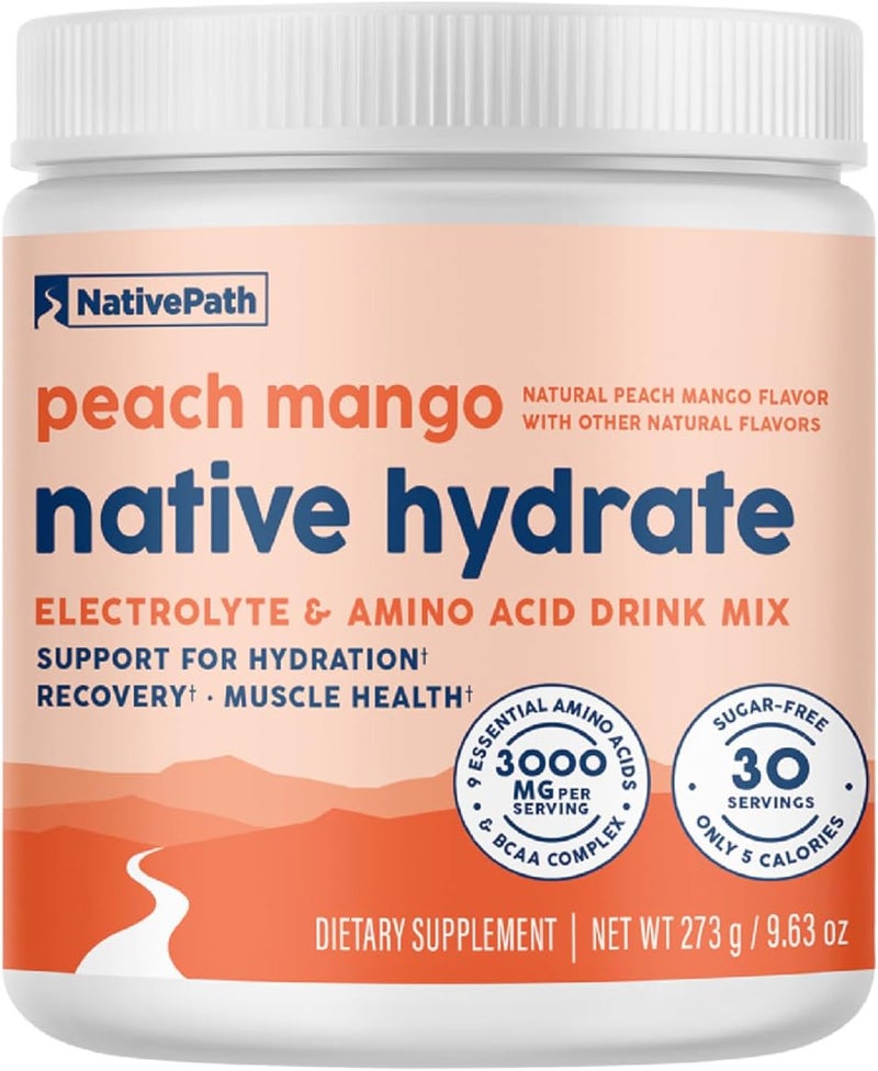 NativePath Native Hydrate Zero Sugar Electrolytes Powder with BCAAs Peach Mango Hydration Keto  Paleo Friendly 30 Servings - Image 1