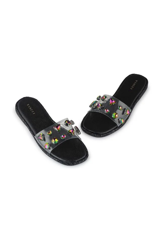 Vincci Black Studded Strap Flat Sandals for Women | Best Price UAE