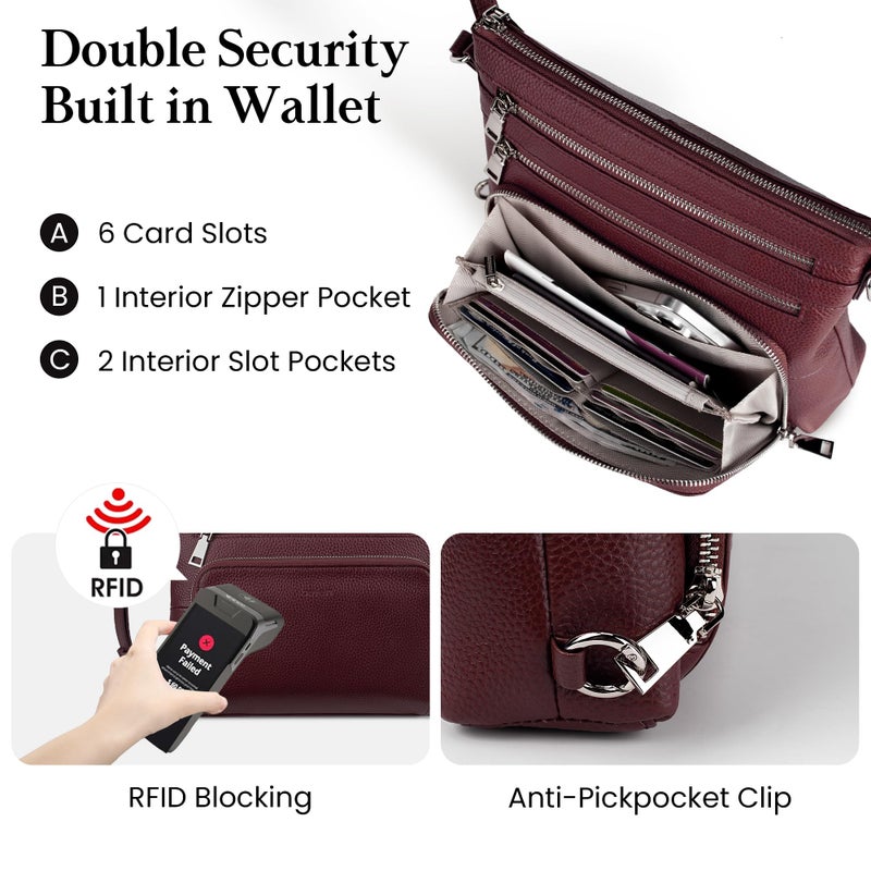 befen Genuine Leather Crossbody Purses for Women, Ladies Anti-Theft Medium Crossbody Shoulder Bags with Built in RFID Blocking Wallet Burgundy Red - Image 2