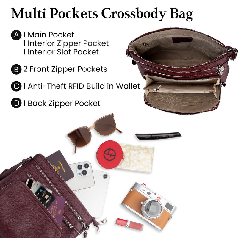 befen Genuine Leather Crossbody Purses for Women, Ladies Anti-Theft Medium Crossbody Shoulder Bags with Built in RFID Blocking Wallet Burgundy Red - Image 3