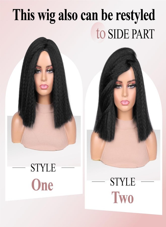 quickwig Yaki Straight Bob Wig for Black Women Short Kinky Straight Wigs Glueless Synthetic Wigs Shoulder Length Middle Part Hair Blunt Cut Bob Wig Natural Black Color - Image 5