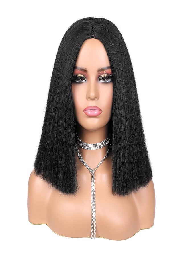 quickwig Yaki Straight Bob Wig for Black Women Short Kinky Straight Wigs Glueless Synthetic Wigs Shoulder Length Middle Part Hair Blunt Cut Bob Wig Natural Black Color - Image 2
