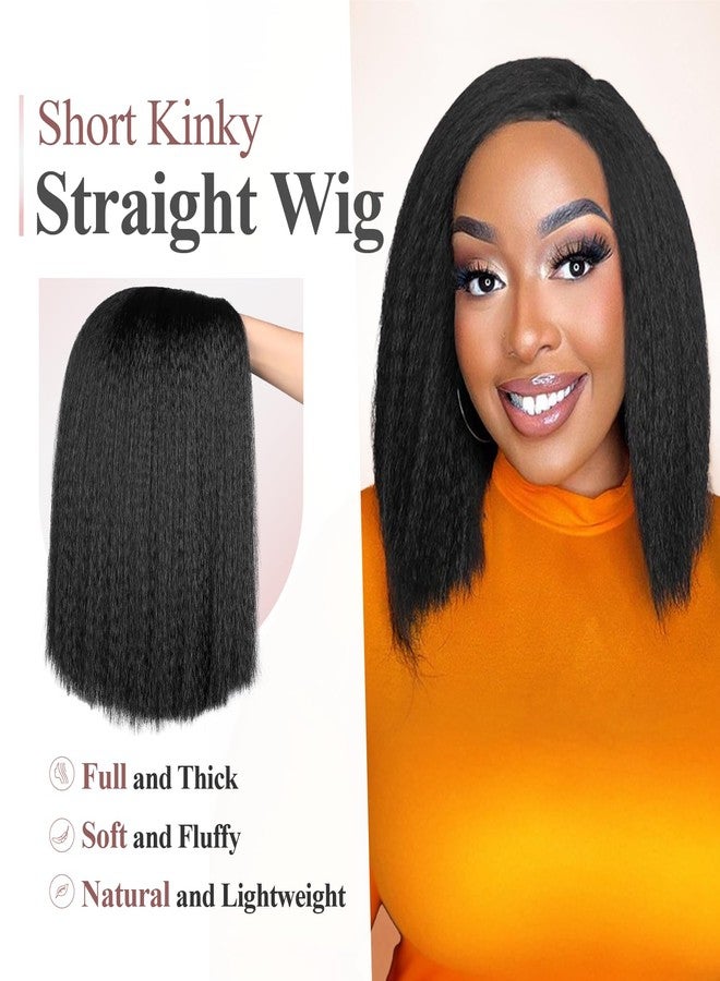 quickwig Yaki Straight Bob Wig for Black Women Short Kinky Straight Wigs Glueless Synthetic Wigs Shoulder Length Middle Part Hair Blunt Cut Bob Wig Natural Black Color - Image 4