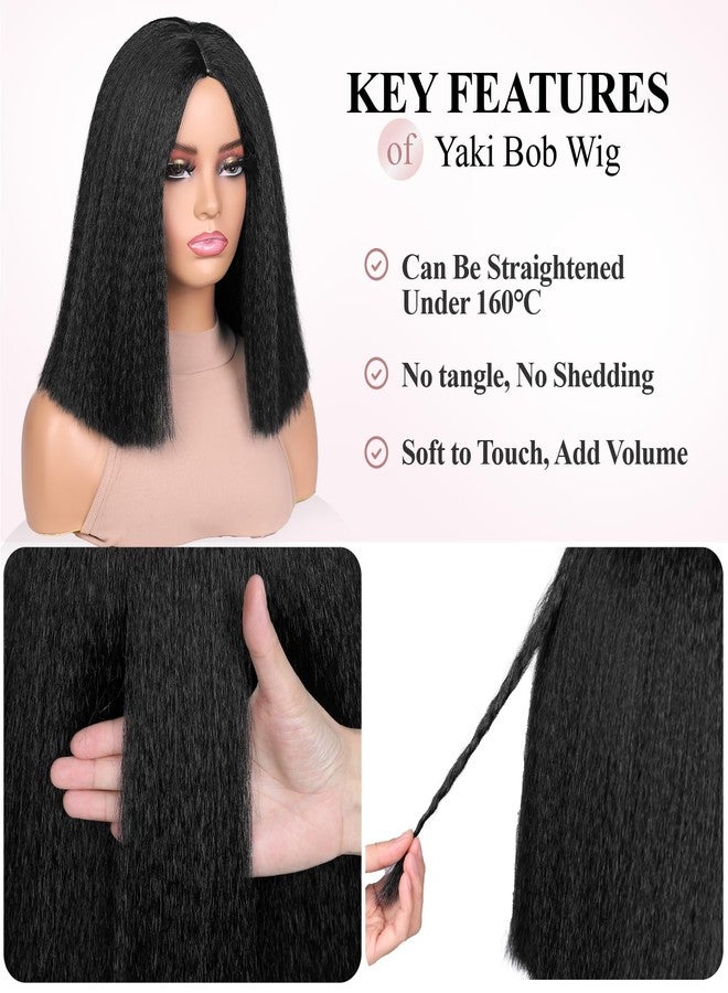 quickwig Yaki Straight Bob Wig for Black Women Short Kinky Straight Wigs Glueless Synthetic Wigs Shoulder Length Middle Part Hair Blunt Cut Bob Wig Natural Black Color - Image 3