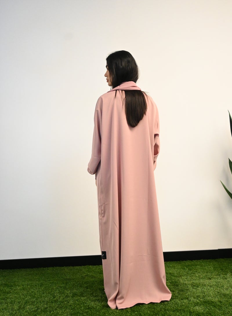 JAMEELA Pink Pleated Front Open Abaya 3 pieces Set  - Image 3
