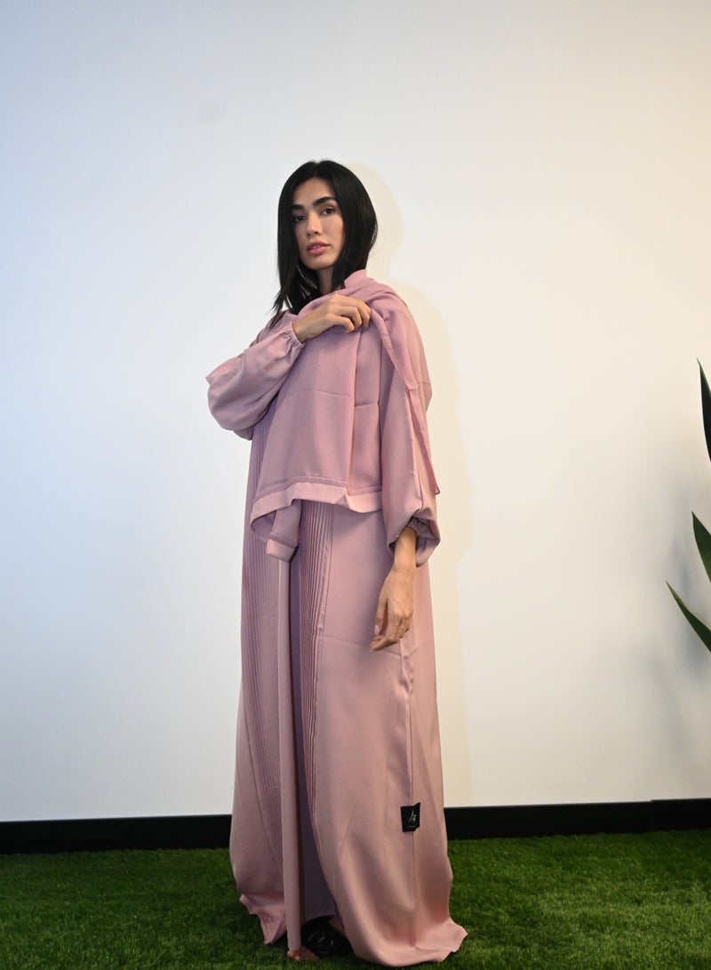 JAMEELA Pink Pleated Front Open Abaya 3 pieces Set  - Image 1