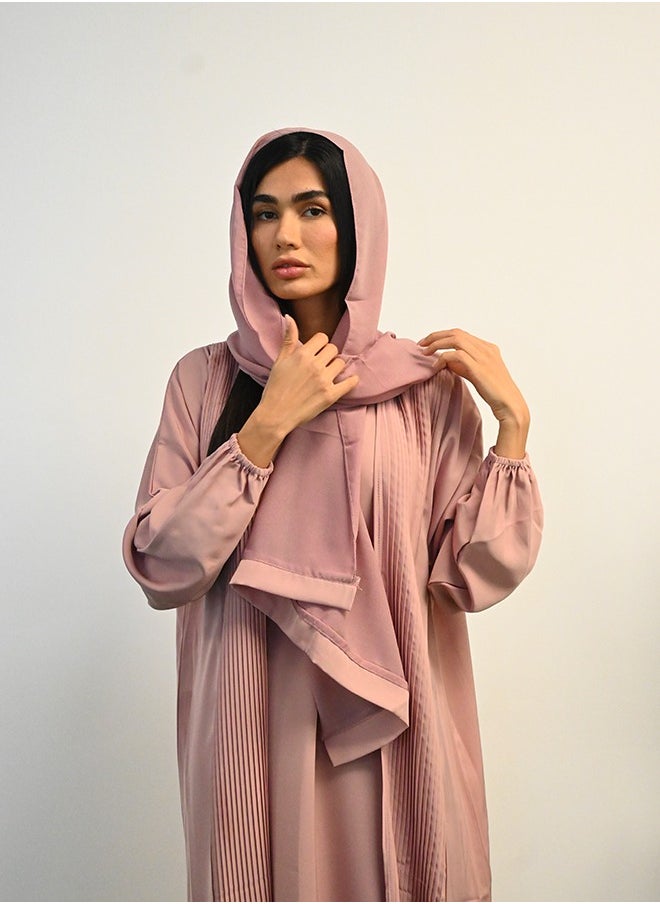 JAMEELA Pink Pleated Front Open Abaya 3 pieces Set  - Image 2